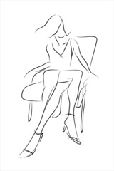 Girl's portrait. Hand drawn modern fashion illustration of abstract young woman wearing a long cocktail dress sitting in a chair, quick sketch, vector illustration