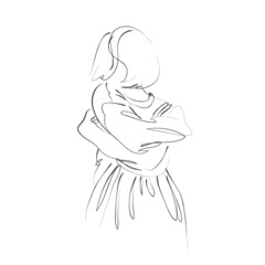 Girl's line portrait. Hand drawn modern fashion illustration of abstract young woman hugging herself, quick sketch, vector illustration