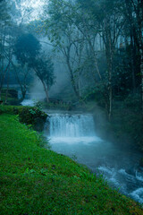 Small fall and River with fog at dawn on Alta Verapaz, Guatemala