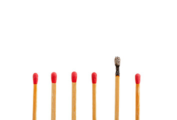 Matches in a row with copy space isolated on white. Out of the box thinking concept.