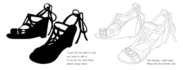 【ベクターai】グラディエーターサンダルヒール靴シルエット線画モノクロ黒色イラスト素材