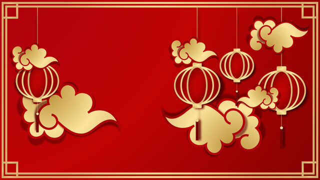 Happy Chinese new year 2022. Year of Tiger character with asian elements and flower with craft style on background. Universal Chinese background with red and gold color theme