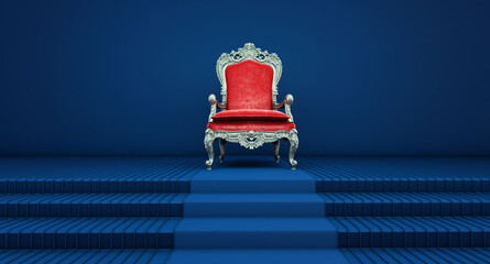 Red royal chair on a blue background, VIP throne, Red royal throne, 3d render - obrazy, fototapety, plakaty