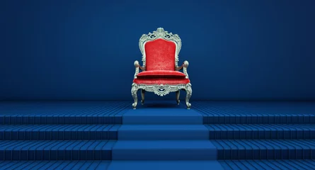 Fotobehang Red royal chair on a blue background, VIP throne, Red royal throne, 3d render © mustapha