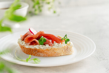Prosciutto sandwich with cream cheese and micro greens on white plate. Italian cuisine. Copy space