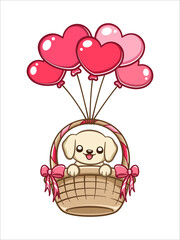 Puppy on floating basket with heart balloons cartoon illustration. 