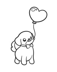 Puppy with heart shaped balloon outline illustration. Valentine's day Coloring book page activity for kids.