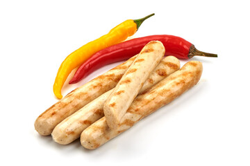 Roasted chicken sausages, isolated on white background.