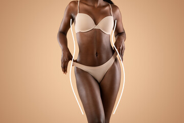 Black model in underwear demonstrating her perfect body, collage