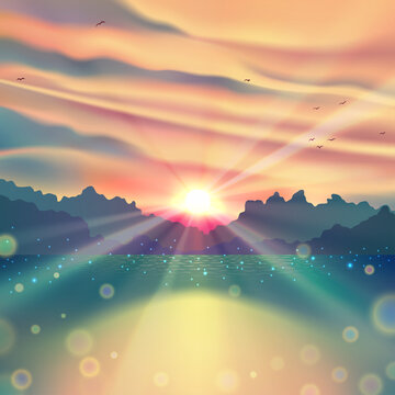 Sunset landscape with lake against summer forest with water reflections, morning sunrise drawing art on canvas as vector painting with beautiful pond and trees in nature.