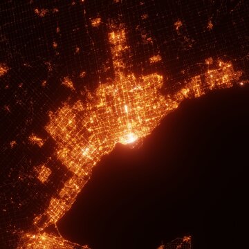 Toronto City Lights Map, Top View From Space. Aerial View On Night Street Lights. Global Networking, Cyberspace