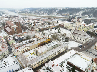Aerial view of Kaunas main square in the old town during Christmas season	