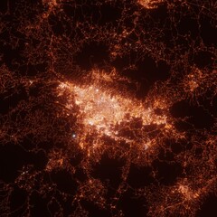 Bandung city lights map, top view from space. Aerial view on night street lights. Global networking, cyberspace