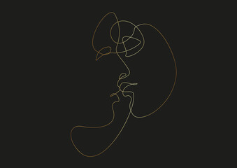 kissing couple line art, man and woman they kiss, Gold line vector drawing. Lovers portrait minimalistic style. Love print. Valentines symbol. Modern continuous line. Fashion print. Beaty salon