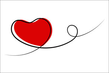 Continuous one line modern art drawing of red heart vector illustration.