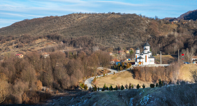 Orthodox church located in a beautiful mountain landscape. Romanian Orthodox Church, Ponoarele.