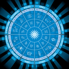 bright blue Zodiac wheel - vector circle with signs on abstract background with rays