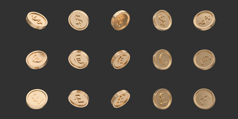 Realistic golden coins in different positions. Set of rotating gold coins with dollar, euro, pound currency sign. Golden money set. 3d rendering - obrazy, fototapety, plakaty
