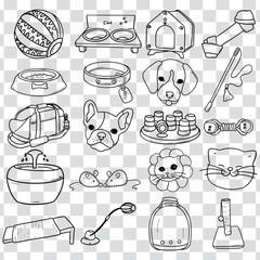 Dog Cat accessories pet equipment -collection set hand drawn. Doodle Vector style symbols and objects.