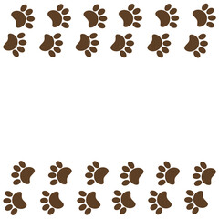 Brown animal paw prints on a white background border frame with copy space for text.