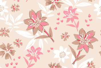 Cute digital graphic fashion pattern all over print wallpaper with wildflowers on beige background.