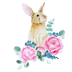 watercolor drawing. cute easter bunny with flowers. decoration for greeting card, composition Easter bunny with pink peony flowers and eucalyptus leaves