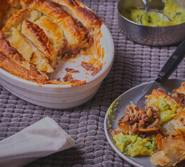 Homemade minced beef pie and liquor.