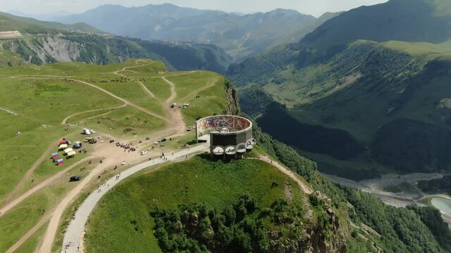 Georgia, Gudauri, summer. Drone view of Russia Georgia Friendship Monument.
