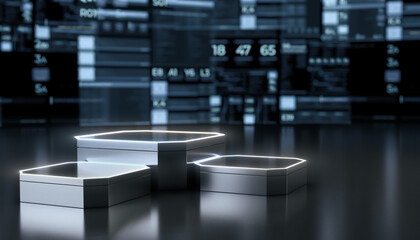 Futuristic empty Stage For Product Presentation. Podium Or Pedestal with neon lights product stage. Future concept background. 3D Rendering.