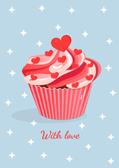 Sweet pink cupcake with hearts.Vector illustration of cupcake icon for postcard, textile, decor, poster, banner. Greeting card for Valentine's Day and other holidays.