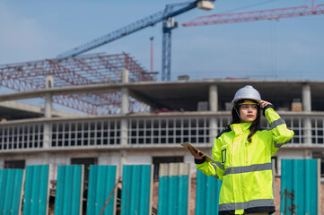 Asian engineer working at site of a large building project,Thailand people,Work overtime at construction site