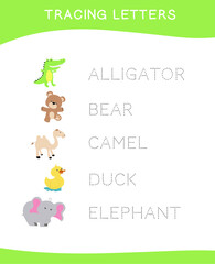 Tracing letters. Tracing names of animal names worksheet. Writing practice. Educational printable colorful worksheet. Vector file.