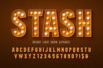 Retro cinema alphabet design, cabaret, LED lamps letters and numbers