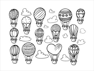 Doodle set of hot air balloons with clouds. hand draw illustration flying vehicles. Romantic balloons. Sky with tourist balloons for flight. Cartoon style