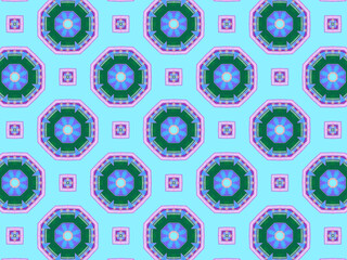 A sophisticated geometric pattern inspired by Middle Eastern and Moroccan ornaments. Elaborate kaleidoscopic surface print in blue, purple and yellow colors for textile design and gift wrapping paper.