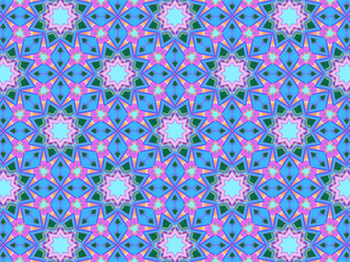 A sophisticated geometric pattern inspired by Middle Eastern and Moroccan ornaments. Elaborate kaleidoscopic surface print in blue, purple and yellow colors for textile design and gift wrapping paper.