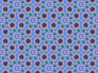 A sophisticated geometric pattern inspired by Middle Eastern and Moroccan ornaments. Elaborate kaleidoscopic surface print in blue, purple and yellow colors for textile design and gift wrapping paper.