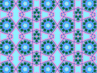 A sophisticated geometric pattern inspired by Middle Eastern and Moroccan ornaments. Elaborate kaleidoscopic surface print in blue, purple and yellow colors for textile design and gift wrapping paper.