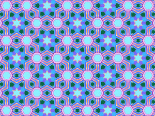 A sophisticated geometric pattern inspired by Middle Eastern and Moroccan ornaments. Elaborate kaleidoscopic surface print in blue, purple and yellow colors for textile design and gift wrapping paper.