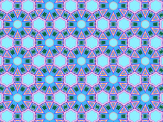 A sophisticated geometric pattern inspired by Middle Eastern and Moroccan ornaments. Elaborate kaleidoscopic surface print in blue, purple and yellow colors for textile design and gift wrapping paper.