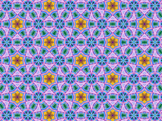 A sophisticated geometric pattern inspired by Middle Eastern and Moroccan ornaments. Elaborate kaleidoscopic surface print in blue, purple and yellow colors for textile design and gift wrapping paper.