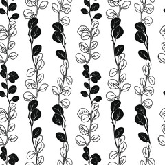 Eucalyptus leaves black and white seamless pattern, hand drawn leaves for textile design.