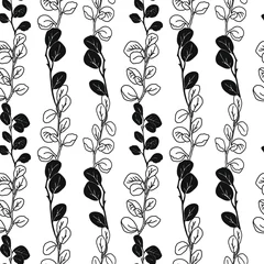 Gordijnen Eucalyptus laat zwart-wit naadloos patroon, met de hand getekende bladeren voor textielontwerp. © Oksana