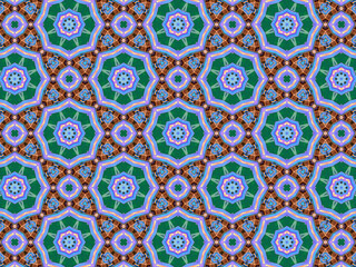 A sophisticated geometric pattern inspired by Middle Eastern and Moroccan ornaments. Elaborate kaleidoscopic surface print in blue, purple and yellow colors for textile design and gift wrapping paper.