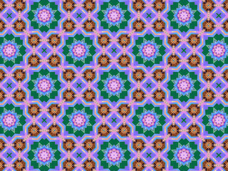 A sophisticated geometric pattern inspired by Middle Eastern and Moroccan ornaments. Elaborate kaleidoscopic surface print in blue, purple and yellow colors for textile design and gift wrapping paper.