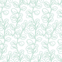Fototapeta na wymiar Eucalyptus green leaves seamless pattern, hand drawn leaves for textile design.