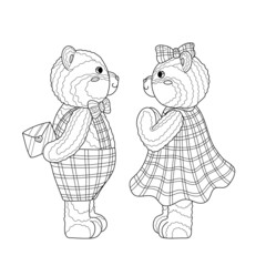 Teddy bear hold love letter and greeting valentine's day with girlfriend. Coloring book page for adult with doodle and zentangle elements. Vector hand drawn isolated.