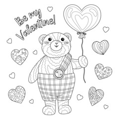 Teddy bear hold heart balloon and text Be my Valentine. Coloring book page for adult with doodle and zentangle elements. Vector hand drawn cartoon isolated.