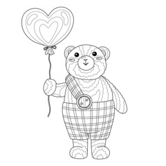 Teddy bear cartoon animal with heart balloon for valentine's day. Coloring book page for adult with doodle and zentangle elements. Vector hand drawn isolated.