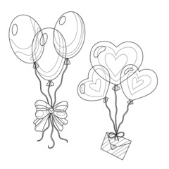 Outline balloons with love letter and bow decoration for greeting valentine's day, birthday, holidays. Balloon romantic design with doodle and zentangle elements. Vector hand drawn isolated.